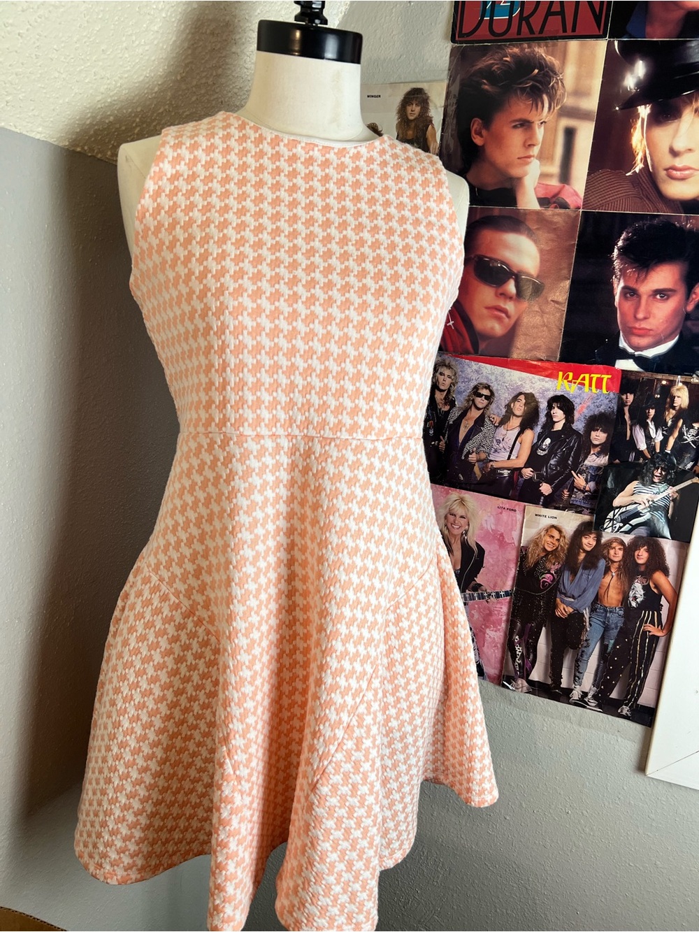 Pixley Peach & Cream Houndstooth Fit-and-Flare Mini Dress